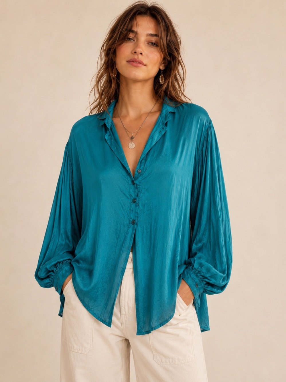 Vintage Teal Satin Blouse Oversized Balloon Sleeve Button Front